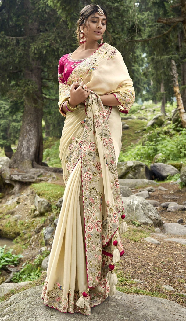 Cream Silk Embroidery Heavy Wedding Wear Indian Saree - 8467182637
