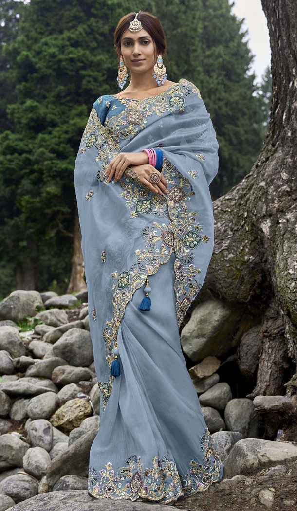 Sky Blue Silk Embroidery Heavy Wedding Wear Indian Saree - 8467182639