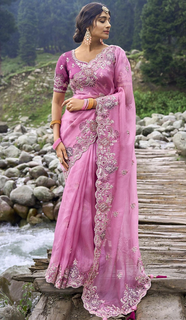 Pink Silk Embroidery Heavy Wedding Wear Indian Saree - 8467182640
