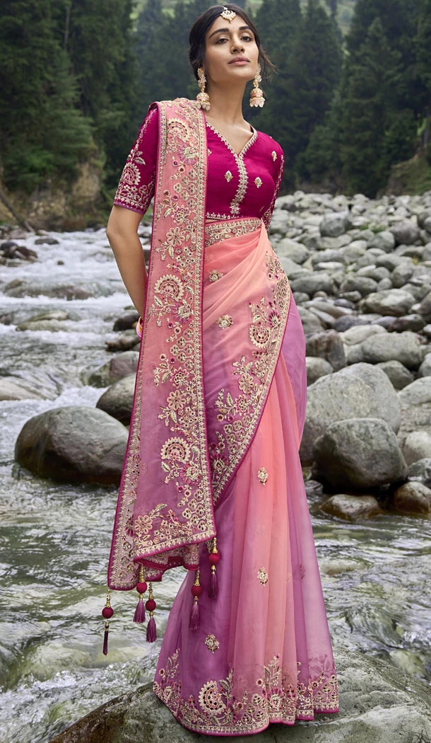 Silk Embroidery Pink Heavy Wedding Wear Indian Saree - 8467182641