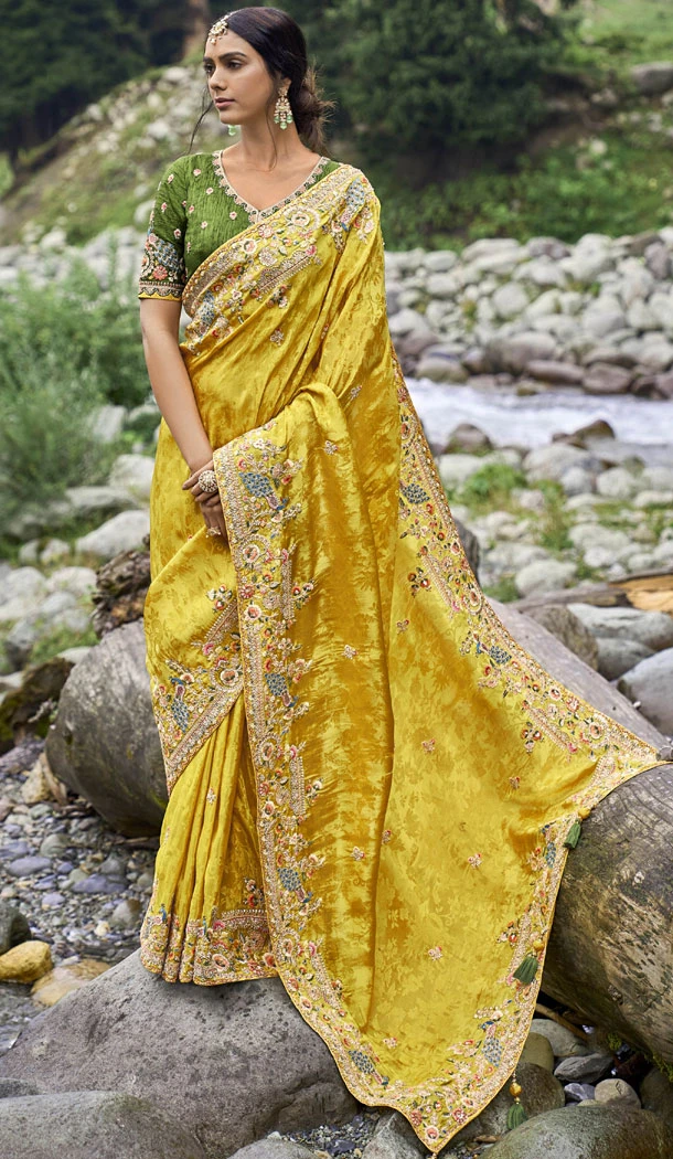 Silk Embroidery Heavy Wedding Wear Indian Saree In Yellow - 8467182642