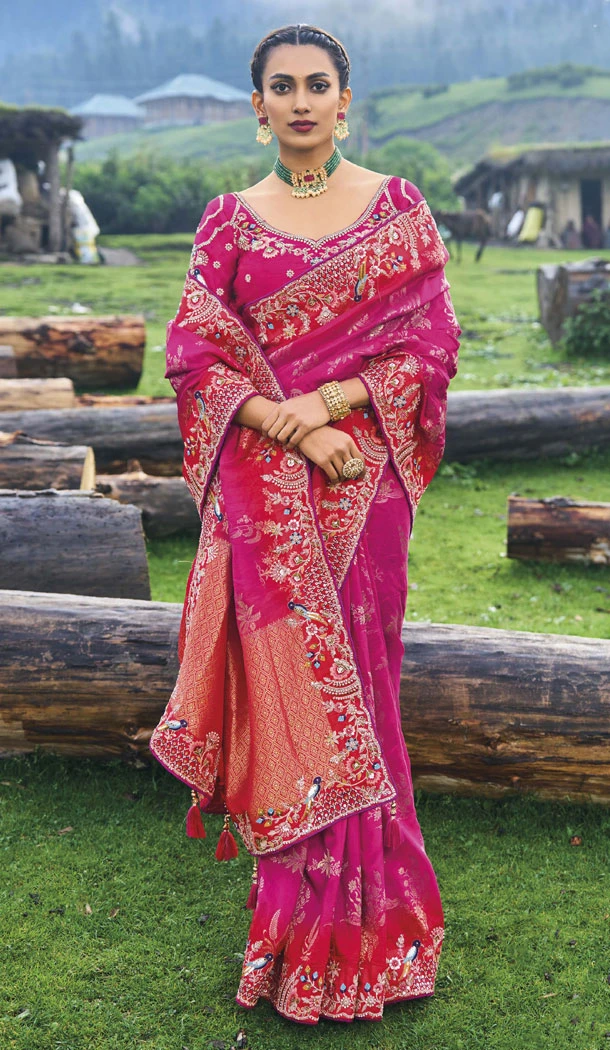 Banarasi Silk Resham And Sequins Work Designer Pink Indian Saree - 8468182643