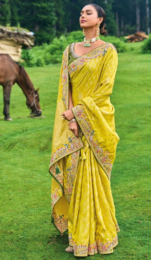 Banarasi Silk Resham And Sequins Work Designer Yellow Indian Saree - 8468182645