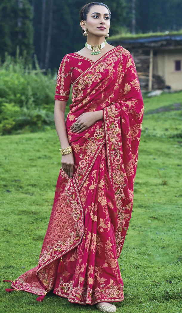 Banarasi Silk Resham And Sequins Work Designer Dark Pink Indian Saree - 8468182646