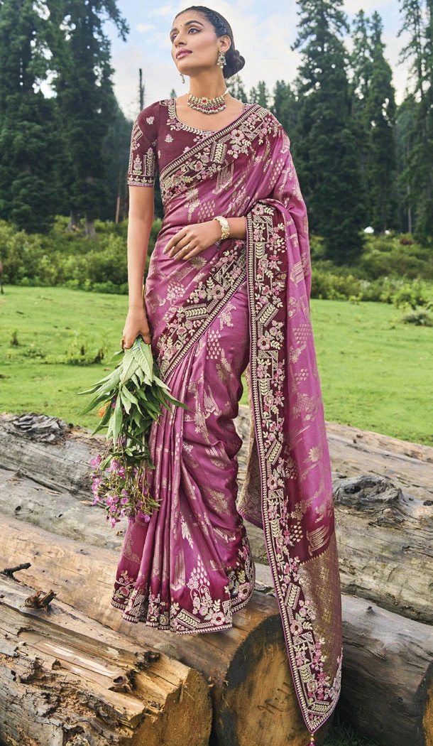 Banarasi Silk Resham And Sequins Work Designer Mauve Indian Saree - 8468182647