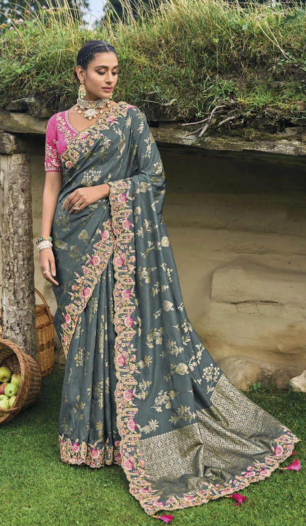 Banarasi Silk Resham And Sequins Work Designer Teal Indian Saree - 8468182648