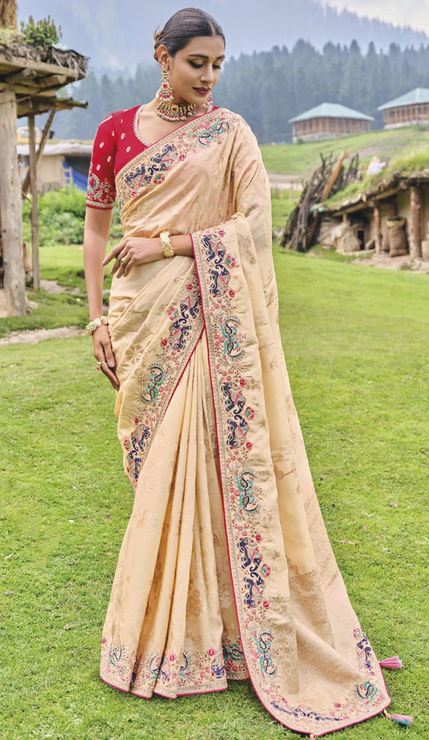 Banarasi Silk Resham And Sequins Work Designer Cream Indian Saree - 8468182649