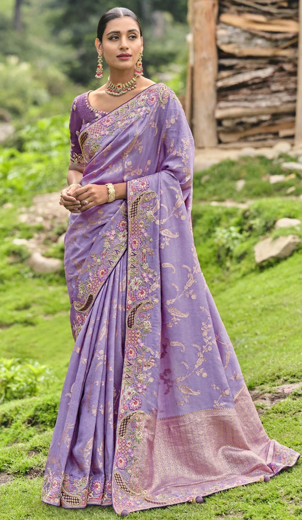 Banarasi Silk Resham And Sequins Work Designer Lavender Indian Saree - 8468182650