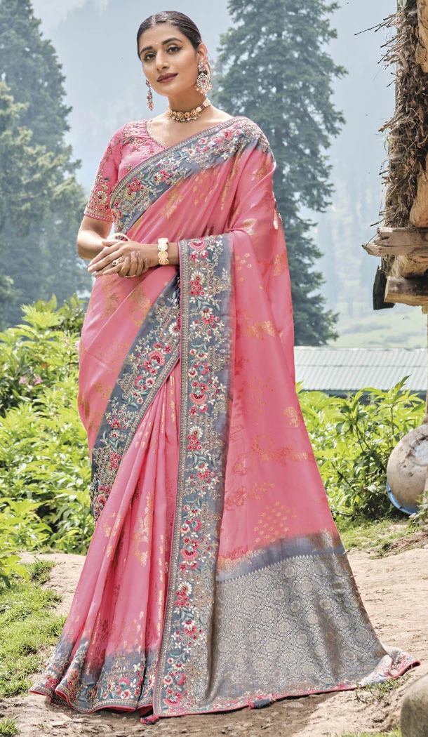 Pink Banarasi Silk Resham And Sequins Work Designer Indian Saree - 8468182651