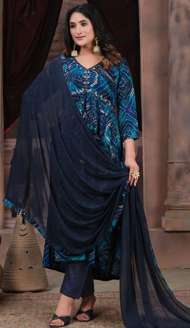 Rayon Embroidery Work Readymade Salwar Suit In Blue - 8470182657