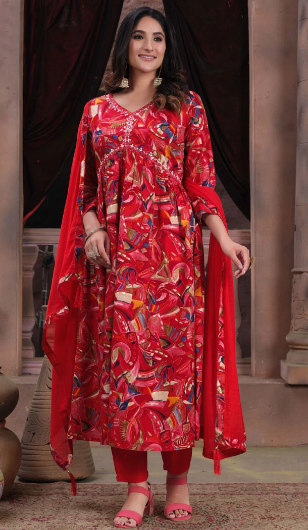 Rayon Embroidery Work Readymade Salwar Suit In Red - 8470182658