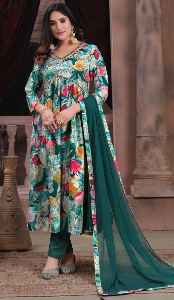 Rayon Embroidery Work Readymade Salwar Suit In Rama Green - 8470182659