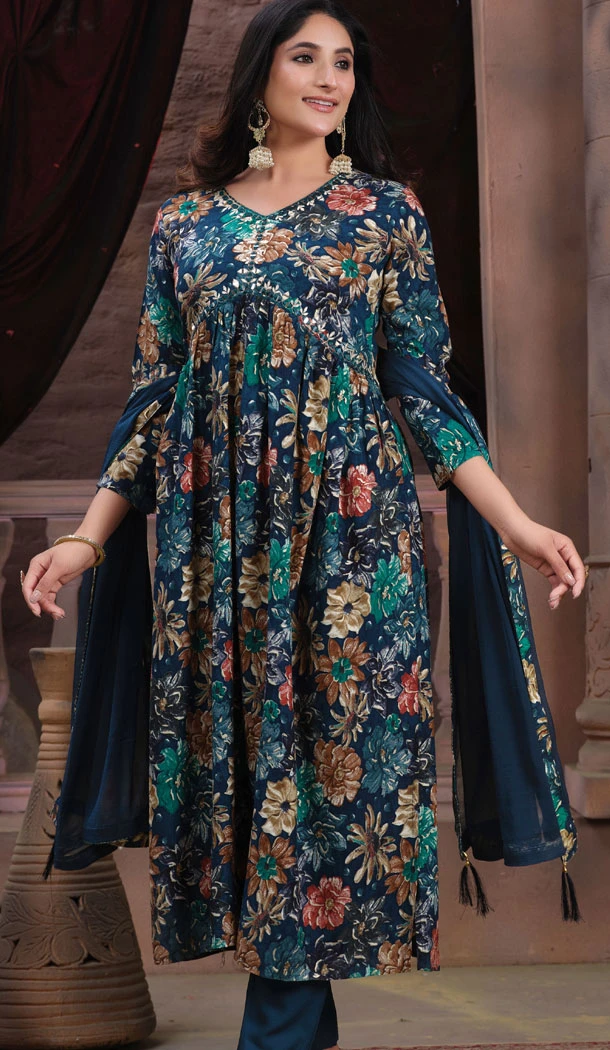 Rayon Embroidery Work Readymade Salwar Suit In Navy Blue - 8470182660