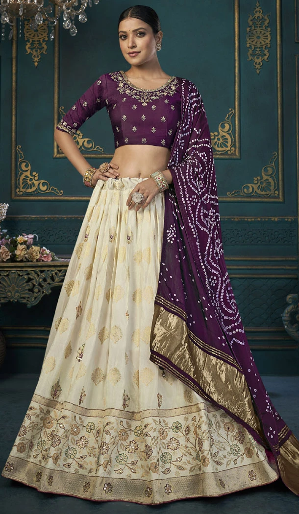 Cream Dola Silk Weaving Work Wedding Wear Plus Size Lehenga Choli - 8479182699