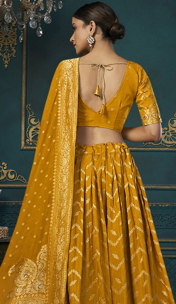 Mustard Dola Silk Weaving Work Wedding Wear Plus Size Lehenga Choli - 8479182700