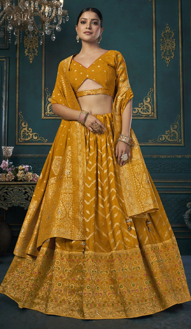 Mustard Dola Silk Weaving Work Wedding Wear Plus Size Lehenga Choli - 8479182700