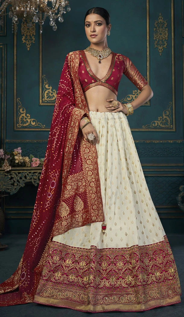 White Dola Silk Weaving Work Wedding Wear Plus Size Lehenga Choli - 8479182701