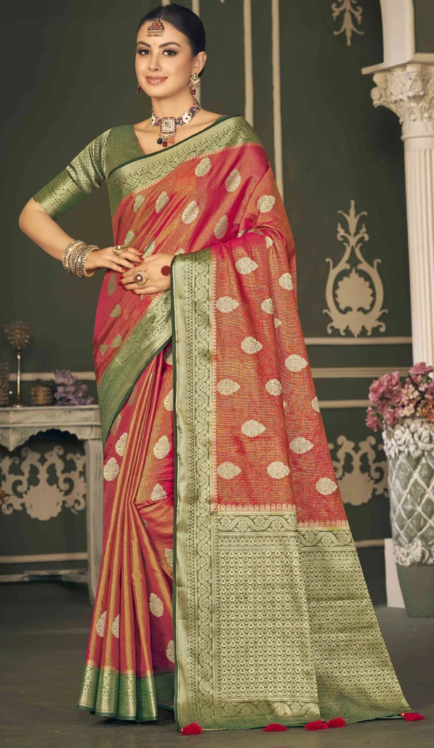 Tissue Silk Weaving Butti Work Indian Saree In Red - 8480182704