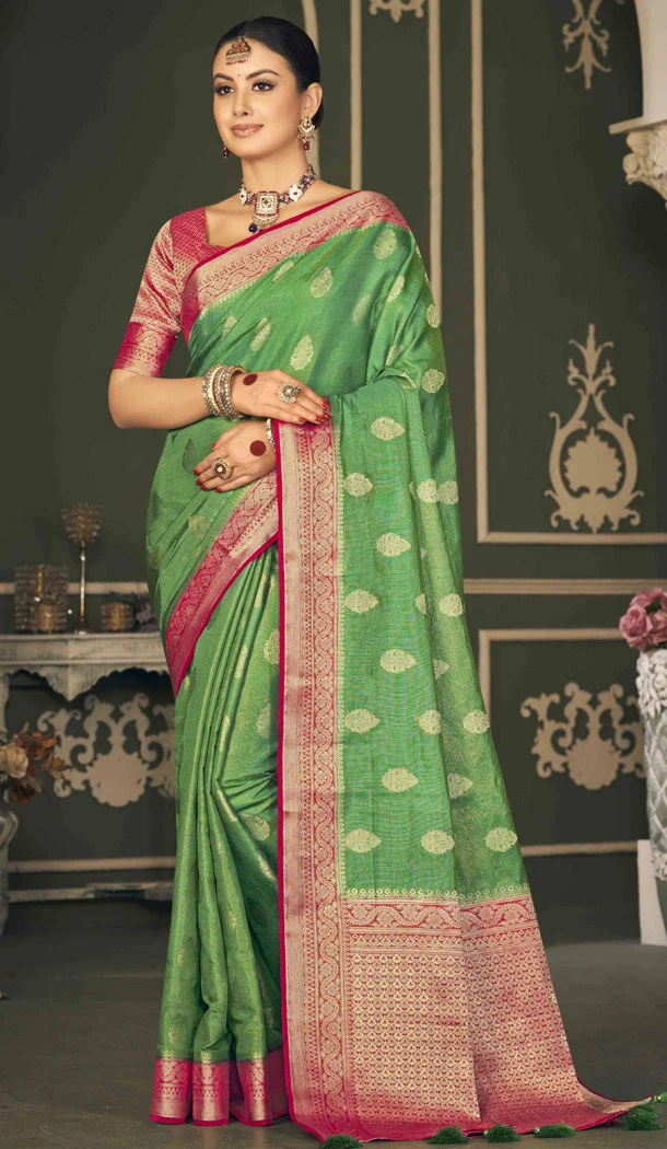 Tissue Silk Weaving Butti Work Indian Saree In Green - 8480182705