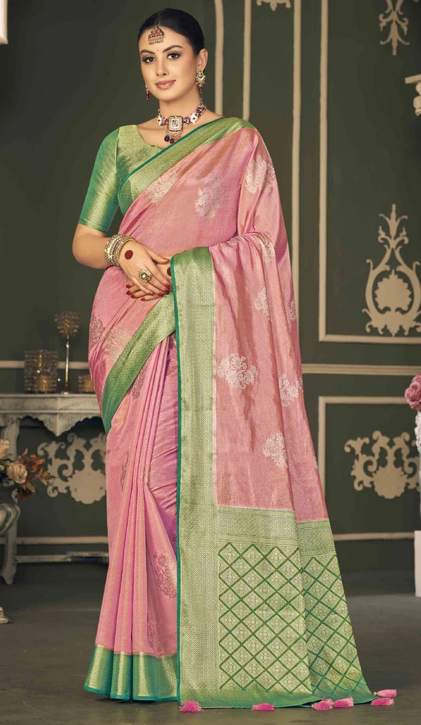 Tissue Silk Weaving Butti Work Indian Saree In Pink - 8480182706