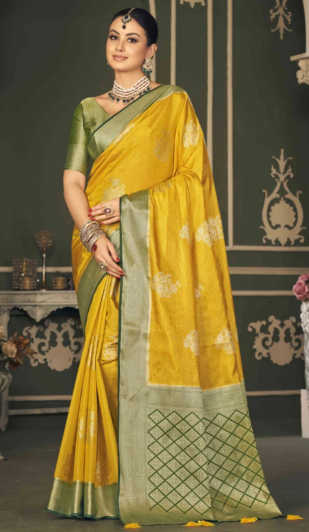 Tissue Silk Weaving Butti Work Indian Saree In Mustard - 8480182707