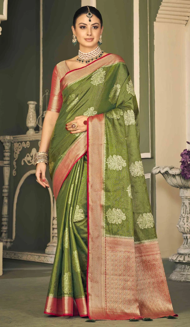 Tissue Silk Weaving Butti Work Indian Saree In Mehendi Green - 8480182708