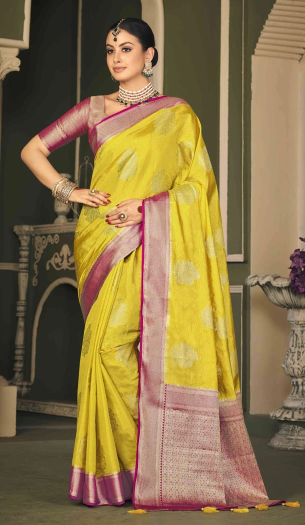 Tissue Silk Weaving Butti Work Indian Saree In Yellow - 8480182709