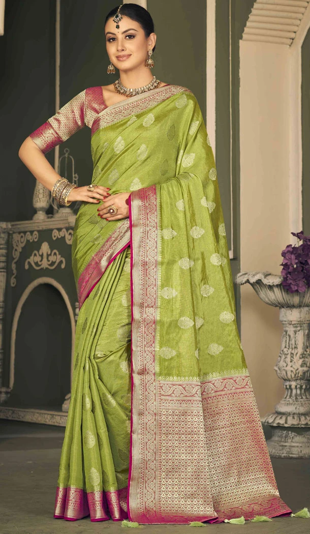 Tissue Silk Weaving Butti Work Indian Saree In Green - 8480182710
