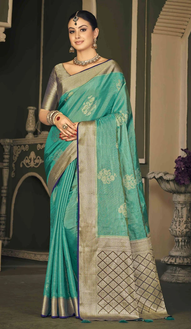 Tissue Silk Weaving Butti Work Indian Saree In Mint Green - 8480182711