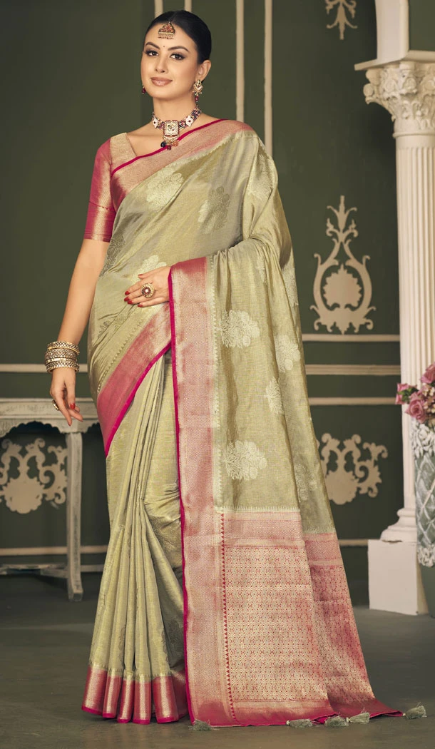 Tissue Silk Weaving Butti Work Indian Saree In Grey - 8480182712