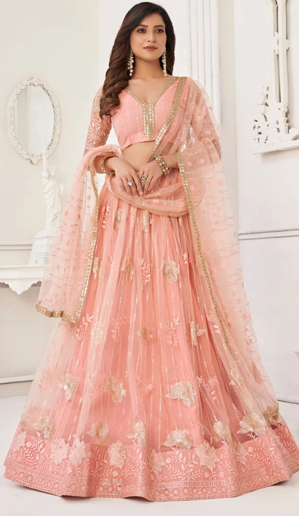 Butterfly Net Embroidery Work Plus Size Lehenga Choli In Peach - 8489182753