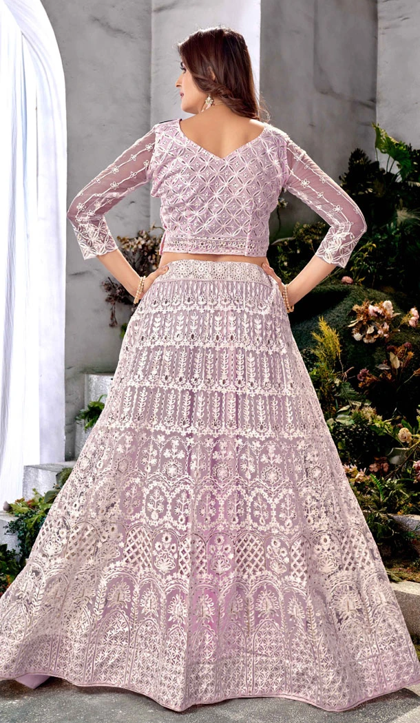 Embroidery Work Net Lavender Color Plus Size Lehenga Choli - 8490182754