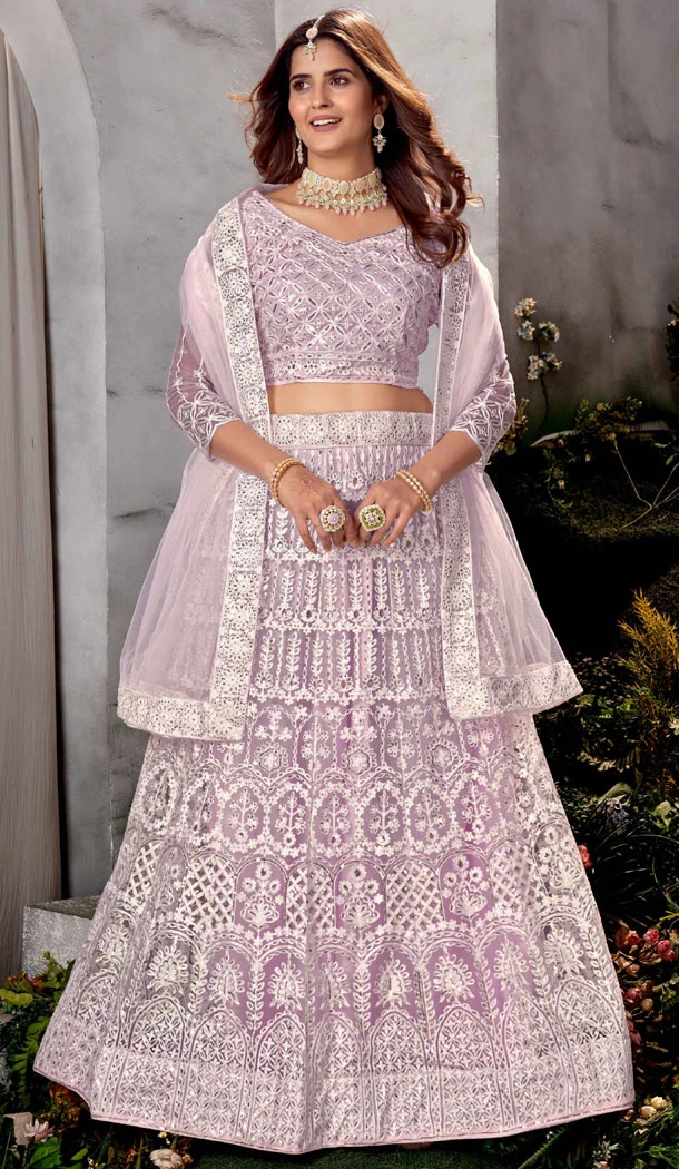 Embroidery Work Net Lavender Color Plus Size Lehenga Choli - 8490182754