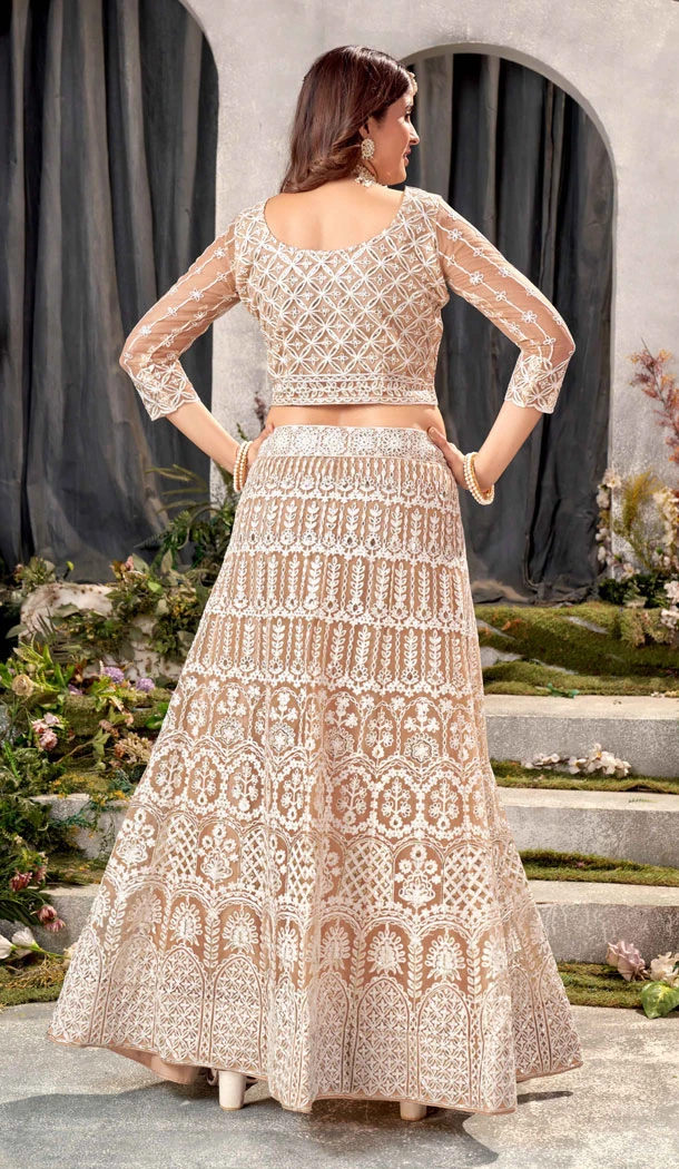 Embroidery Work Net Beige Color Plus Size Lehenga Choli - 8490182755