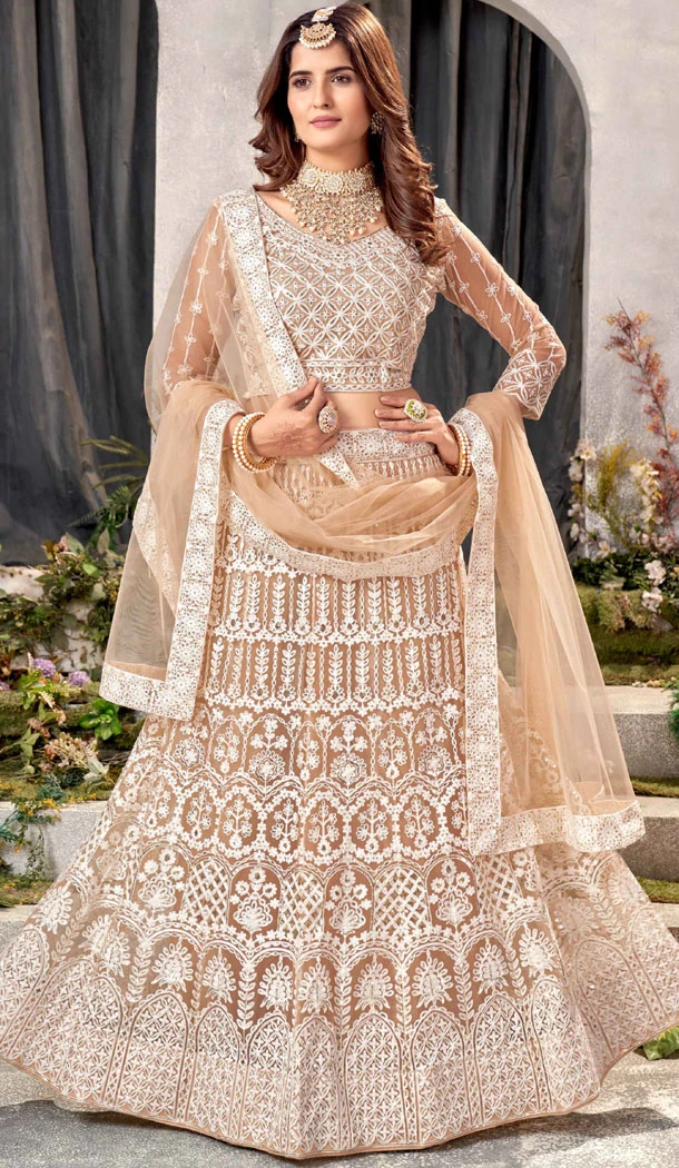 Embroidery Work Net Beige Color Plus Size Lehenga Choli - 8490182755