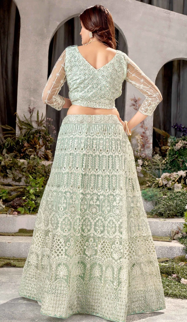 Embroidery Work Net Pista Green Color Plus Size Lehenga Choli - 8490182756
