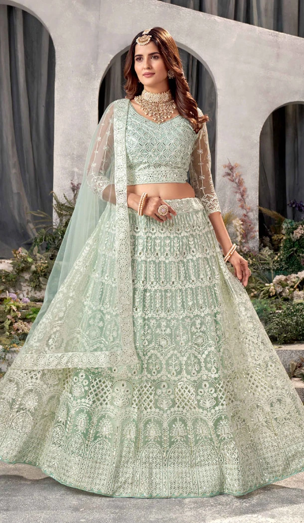 Embroidery Work Net Pista Green Color Plus Size Lehenga Choli - 8490182756