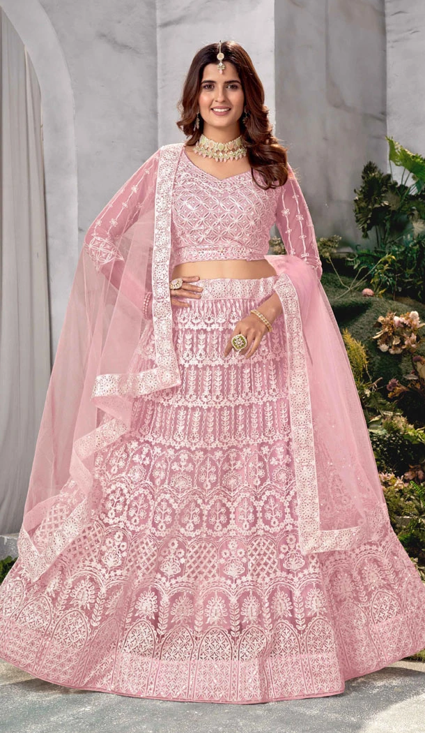 Embroidery Work Net Pink Color Plus Size Lehenga Choli - 8490182757
