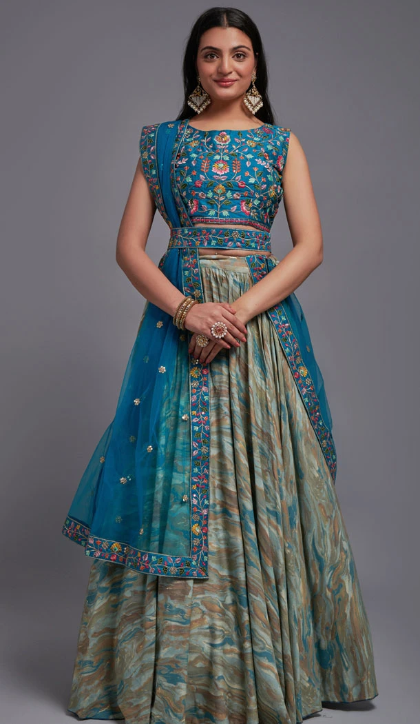 Viscose Rama Blue Sequence Embroidery Work Lehenga Choli - 8497182796
