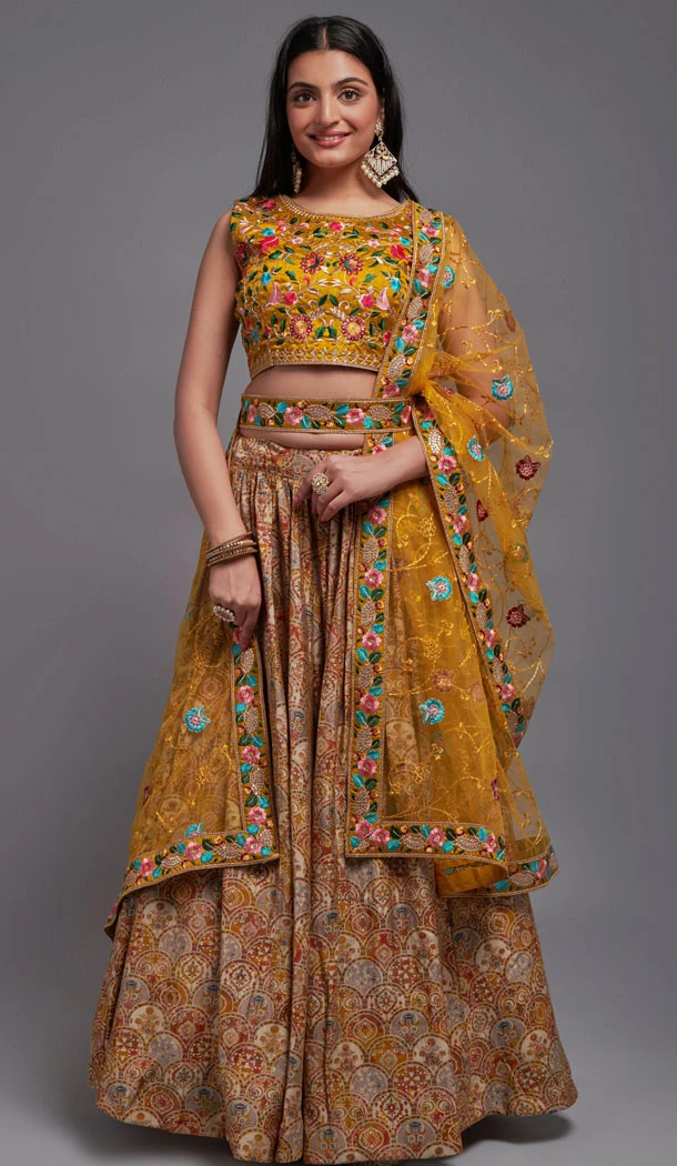 Mustard Viscose Blend Sequence Embroidery Work Plus Size Lehenga Choli - 8498182798
