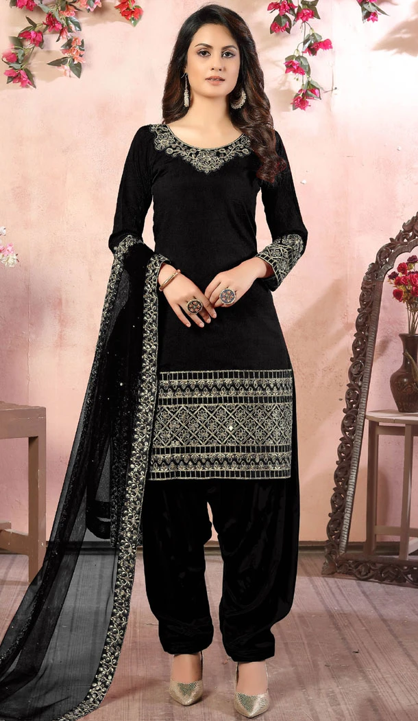 Art Silk Black Color Embroidery Work Punjabi Patiala Salwar Suit - 8502182812