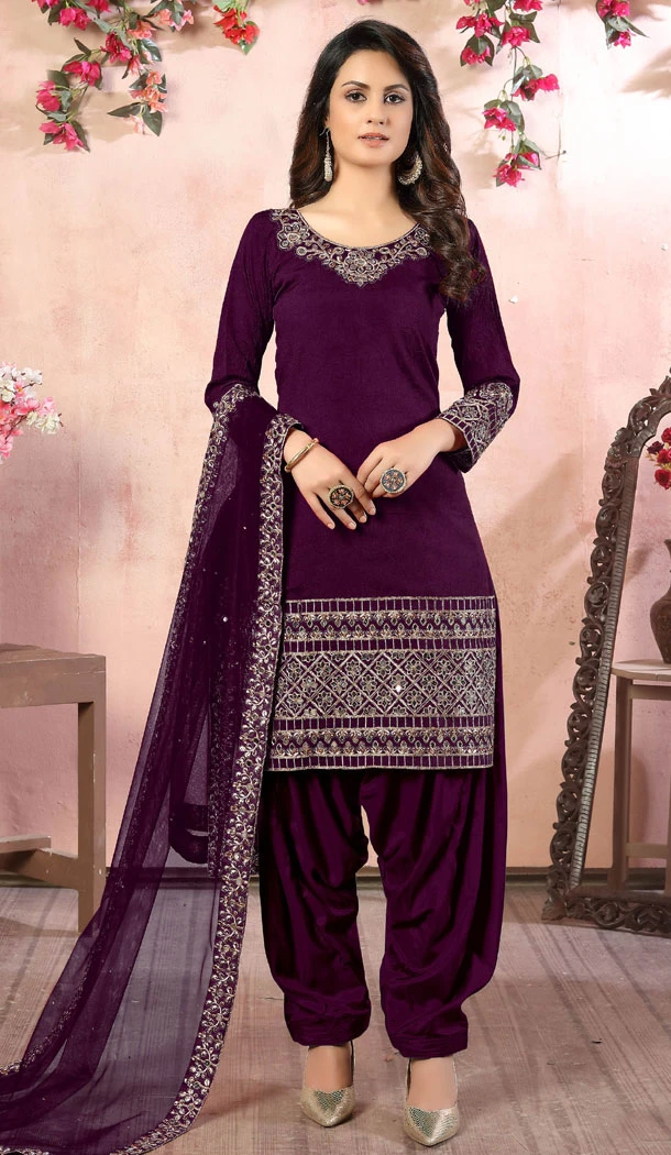 Art Silk Purple Color Embroidery Work Punjabi Patiala Salwar Suit - 8502182813