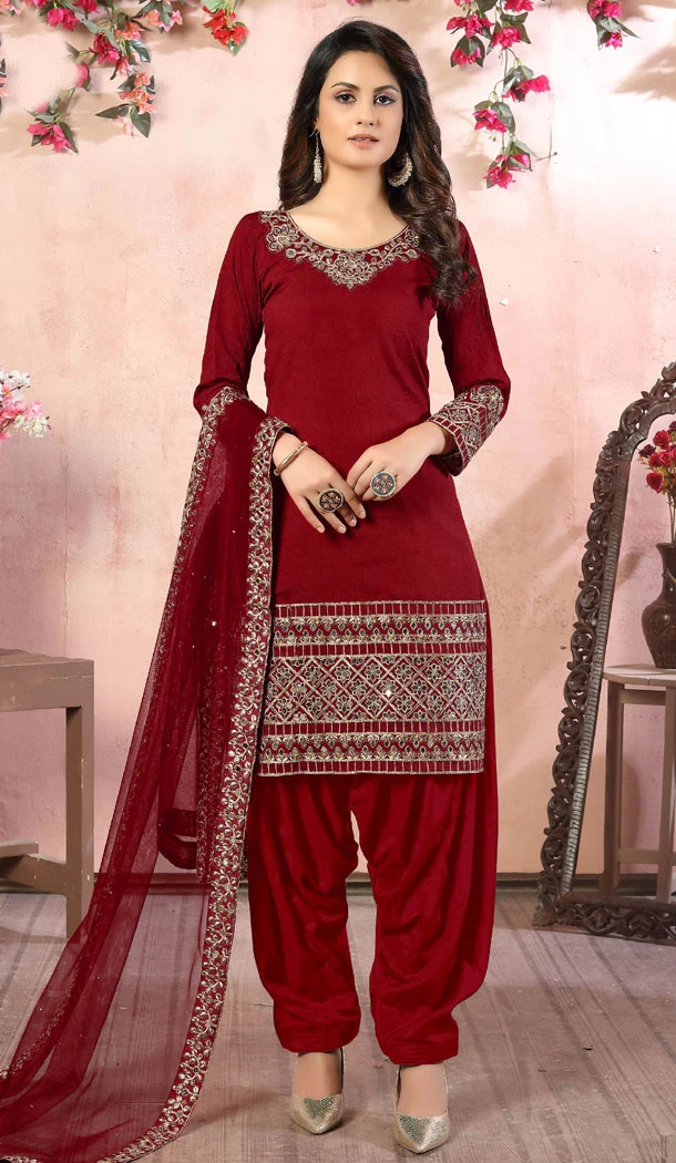 Art Silk Maroon Color Embroidery Work Punjabi Patiala Salwar Suit - 8502182815