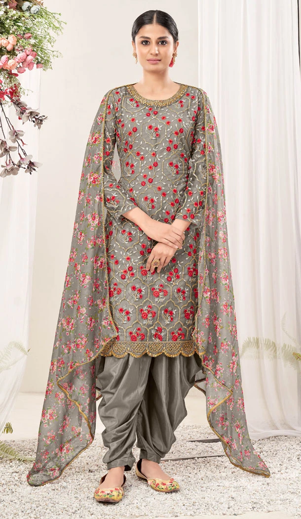 Net Embroidery Work Grey Color Punjabi Patiala Salwar Suit - 8503182818