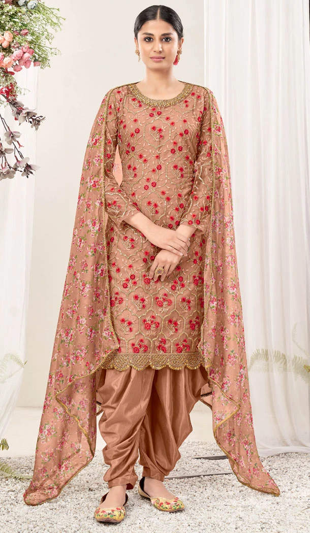 Net Embroidery Work Peach Brown Color Punjabi Patiala Salwar Suit - 8503182819
