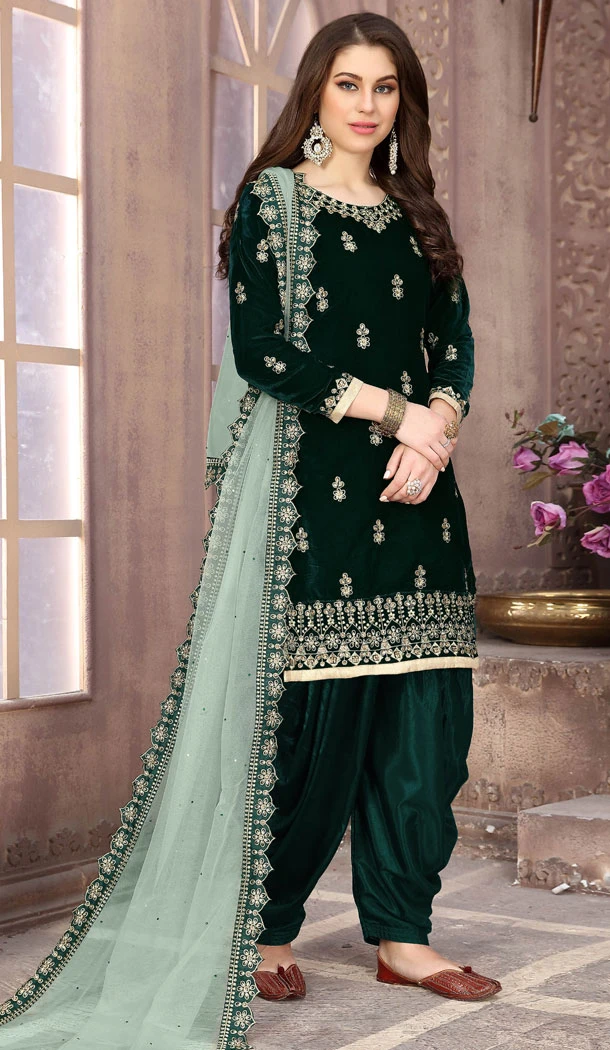 Velvet Embroidered Patiala Punjabi Salwar Suit In Green - 8505182825