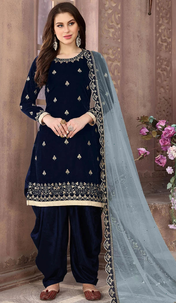 Velvet Embroidered Patiala Punjabi Salwar Suit In Navy Blue - 8505182826