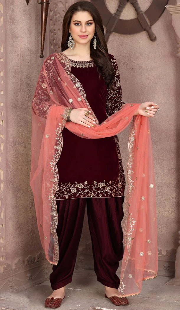 Velvet Embroidered Patiala Punjabi Salwar Suit In Maroon - 8505182827