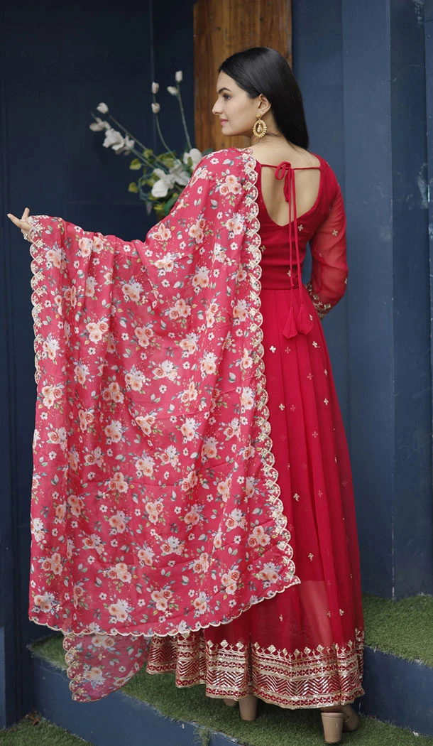 Faux Georgette Sequins Work Red Readymade Gown With Dupatta - 8506182828