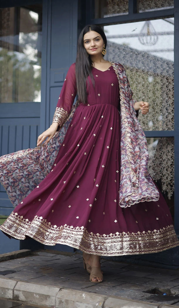 Faux Georgette Sequins Work Purple Readymade Gown With Dupatta - 8506182829